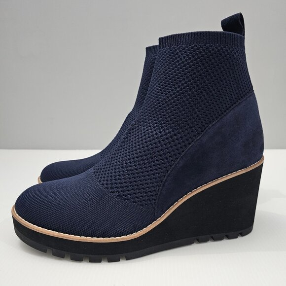 NEW Eileen Fisher Quill Ankle Bootie Wedge Platform Blue Knit Suede Size 10 - Picture 1 of 13